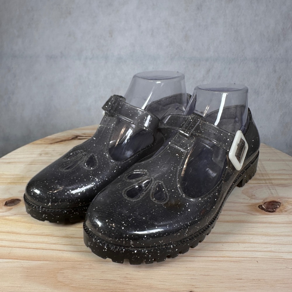 Unbranded Jelly Mary Jane Shoes Women Size 7 Black Glitter Retro Lug Sole Good